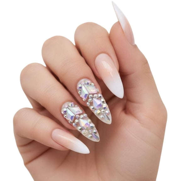Nude Ombre French 3D Crystal Press On Nails, Extra Long Stiletto Rhinestones Fake Nails, Ice Queen