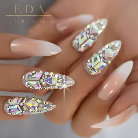 Nude Ombre French 3D Crystal Press On Nails, Extra Long Stiletto Rhinestones Fake Nails, Ice Queen