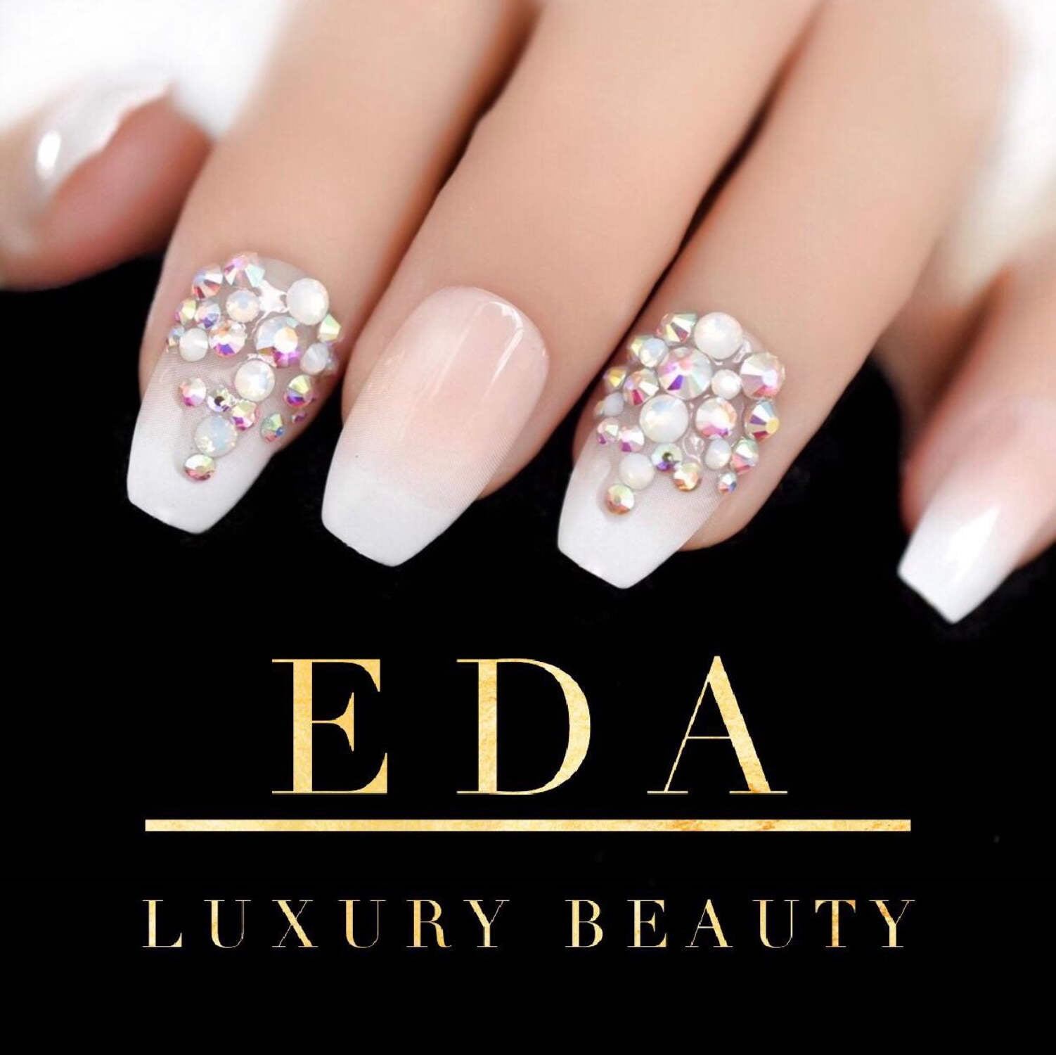 Nude Ombre White French 3D Crystal Press On Nails, Long Coffin Rhinestones Fake Nails Set