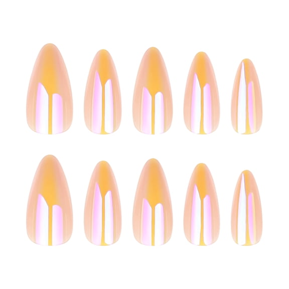 Nude Peach Iridescent Stripe Press on Nails, Medium Pointed Almond Glossy Iridescent False Nails, 24 Count