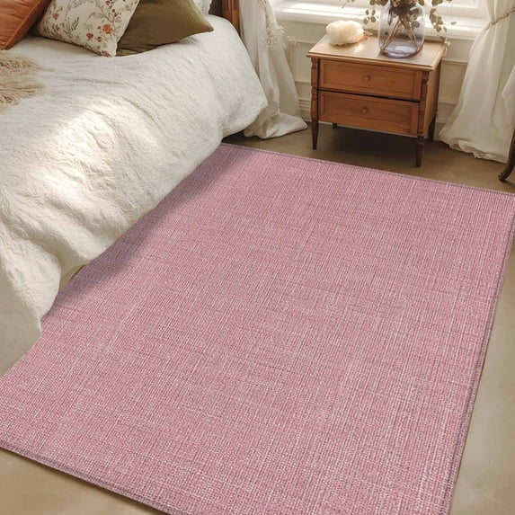 Nude Pink 3x5 Area Rugs, Farmhouse Burlap Solid Pink Color Modern Linen Texture Non-Skid Rubber Backing Large Rectangle Rugs - Living Room Bedroom Home Office, Indoor Floor Mat Carpets Washable Rug