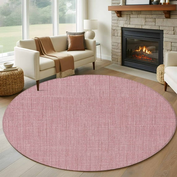Nude Pink 5ft Round Rug, Farmhouse Burlap Solid Pink Color Modern Linen Texture Non-Skid Rubber Backing Large Area Rugs - Living Room Bedroom Home Office, Indoor Floor Mat Carpets Washable Rug