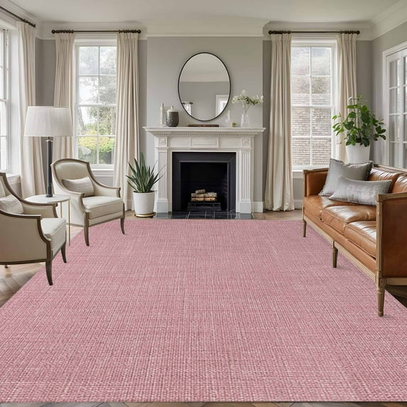 Nude Pink 8x10 Area Rugs, Farmhouse Burlap Solid Pink Color Modern Linen Texture Non-Skid Rubber Backing Large Rectangle Rugs - Living Room Bedroom Home Office, Indoor Floor Mat Carpets Washable Rug