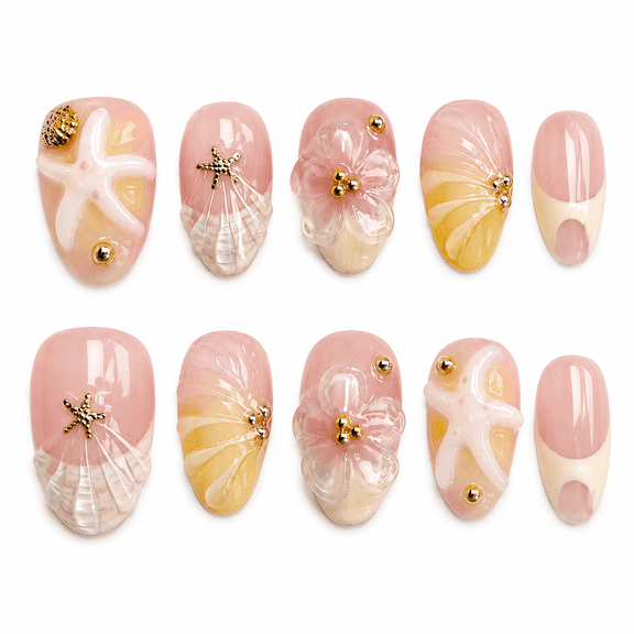 Nude Pink Beach Press on Nails, Short Squoval Glossy Fake Nails with Seashell Detail, 30 Count