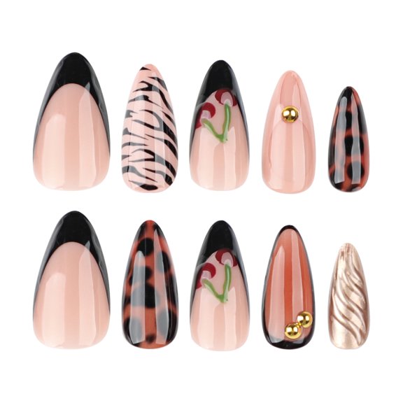 Nude Pink, Black, Brown and Gold French Tip Leopard Zebra Cherry Print Press on Nails, Medium Almond Glossy Finish with Raised Detail, 24 Count