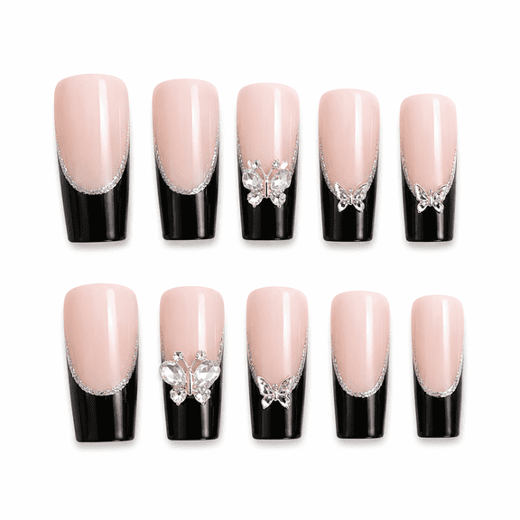 Nude Pink Black French Tip Press on Nails, Long Square Glossy Fake Nails with Rhinestone Accent, 30 Count