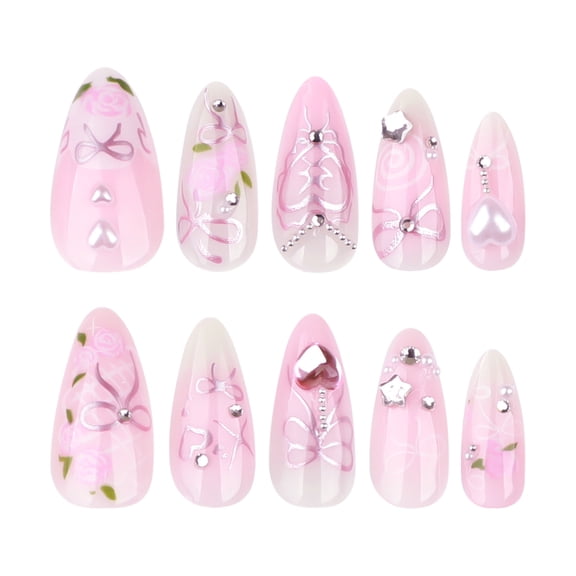 Nude Pink Bow Floral Heart Star Press on Nails, Medium Almond Glossy False Nails with Rhinestone Accents, 10 Count