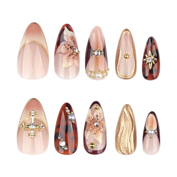 Nude Pink Brown Tortoiseshell 3D Flower Cross Press on Nails, Short Almond Glossy False Nails with Rhinestone Pearl Accents, 24 Count