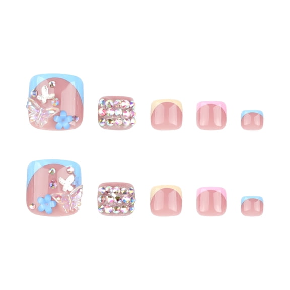 Nude Pink Butterfly Rhinestone Press on Toenails, Short Squoval Glossy Fake Toenails with French Tip & Flower Accent, 24 Count