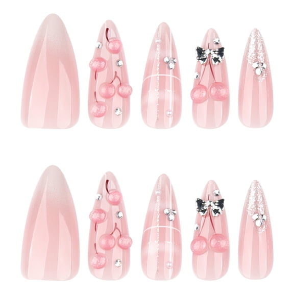 Nude Pink Cherry Rhinestone Bow Press on Nails, Medium Pointed Almond Glossy Glitter False Nails, 24 Count