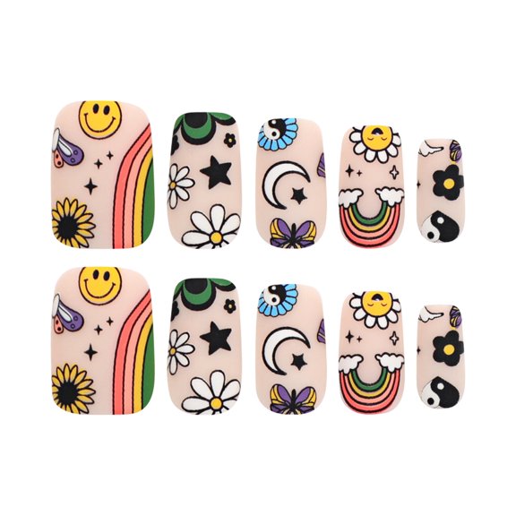 Nude Pink Cute Cartoon Mixed Patterns Press on Nails, Short Squoval Glossy Finish False Nails, 24 Count