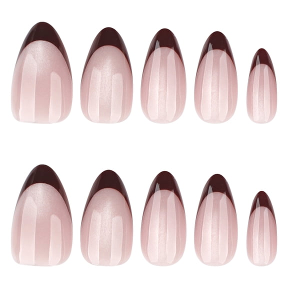 Nude Pink Dark Brown Tips Two-Tone Color Block Press on Nails, Medium Pointed Almond Shape Glossy False Nails, 24 Count