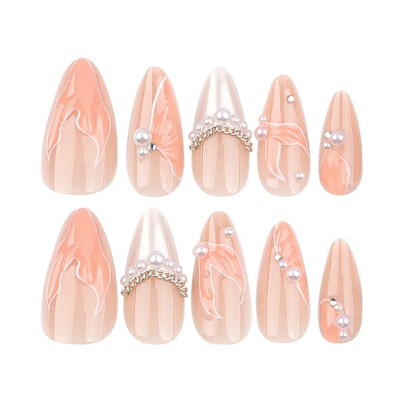 Nude Pink Fish Tail Design Press on Nails, Medium Almond Glossy with Pearl Accents Rhinestone Details 3D Raised False Nails, 24 Count