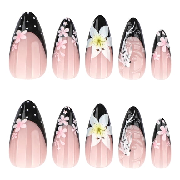 Nude Pink Floral Black Tip Press on Nails, Medium Pointed Almond Glossy False Nails with Cherry Blossom & Lily Multiple Designs, 24 Count