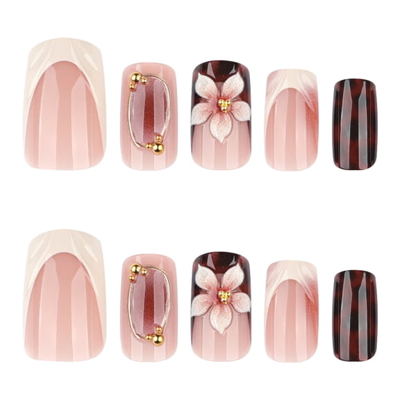 Nude Pink Floral Press on Nails, Medium Squoval Glossy False Nails with Tortoise Shell Pattern and Gold Bead Accent, 24 Count