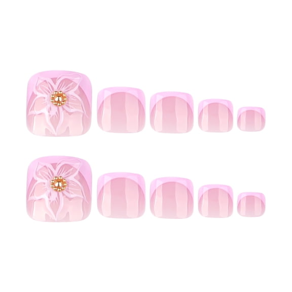 Nude Pink French Style 3D Flower Press on Toenails, Short Squoval Glossy Fake Toenails with Raised Floral Detail and Gold Bead Accent, 24 Count