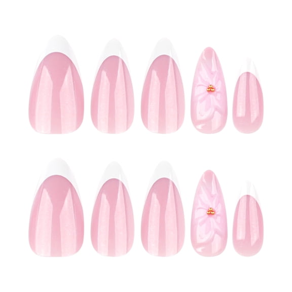 Nude Pink French Tip Floral Press on Nails, Medium Almond Glossy Artificial Nails with Raised Floral Detail and Gold Bead Accents, 24 Count