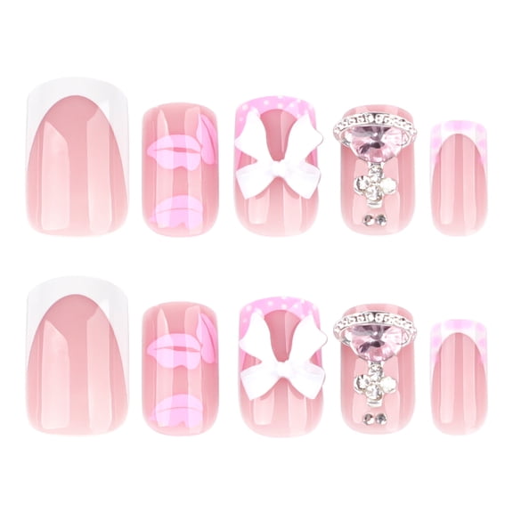 Nude Pink French Tip Lip Print Polka Dot Bow Rhinestone Accents Press on Nails, Short Squoval Glossy Raised Detail False Nails, 24 Count