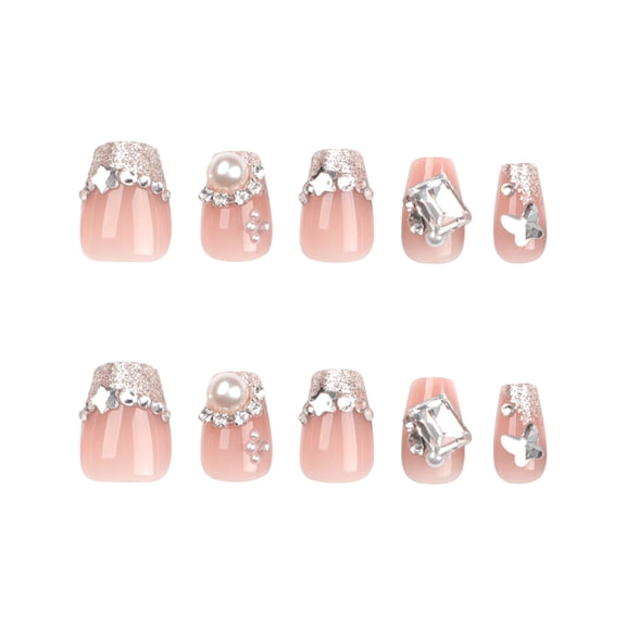 Nude Pink Glitter Gradient Press on Nails, Medium Squoval Glossy False Nails with Star Pearl Butterfly Rhinestone Detail, 30 Count