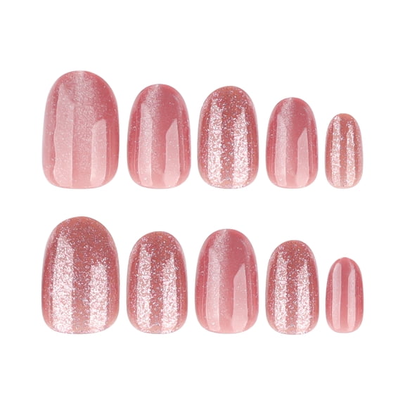 Nude Pink Glitter Gradient Press on Nails, Short Squoval Glitter Glossy Fake Nails, 24 Count