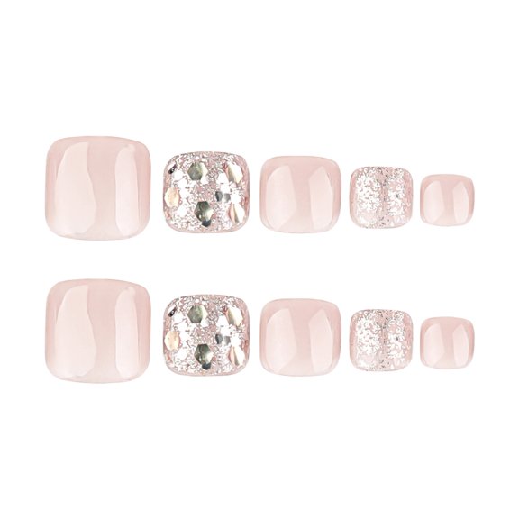 Nude Pink Glitter Rhinestone Press on Toenails, Short Squoval Glossy Sparkling Artificial Toenails, 24 Count
