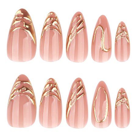 Nude Pink Gold Accent Patterns Press on Nails, Medium Pointed Almond Glossy Finish False Nails, 24 Count