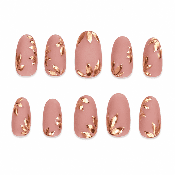 Nude Pink Gold Maple Leaf Press on Nails Short Almond Fake Nails with Glossy Finish Designs Nude Pink Full Cover Adhesive Press Ons Nail Art Tips Glam Acrylic False Nails Holiday Gift 24 Pcs