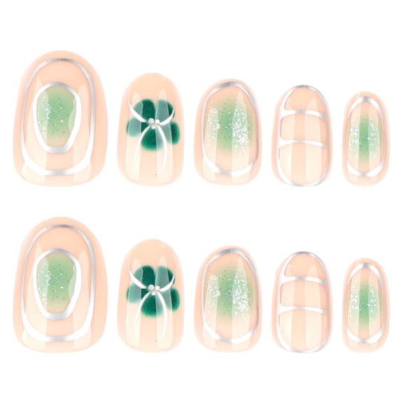 Nude Pink Green Ombre Shamrock Clover Press on Nails, Short Squoval Silver Line Green Glitter Gradient Glossy False Nails, 24 Count