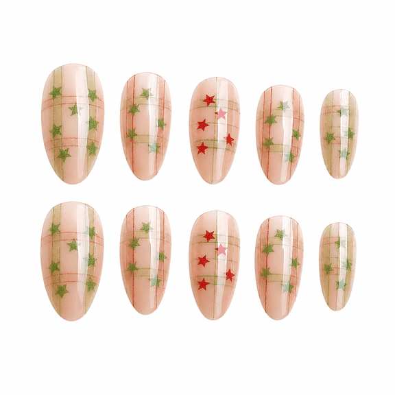 Nude Pink Grid Star Press on Nails, Short Almond Glossy Cat Eye False Nails, 24 Count