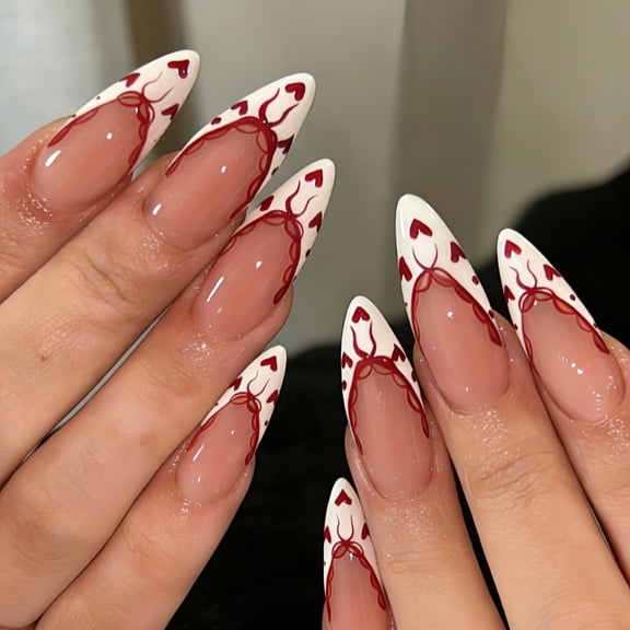 Nude Pink Heart Press on Nails Long Almond Fake Nails White French Tip Red Lace Bow Rhinestone Full Cover Adhesive Press Ons Glossy Acrylic False Nails Artificial Nail Tips for Women Girls 24 Pcs