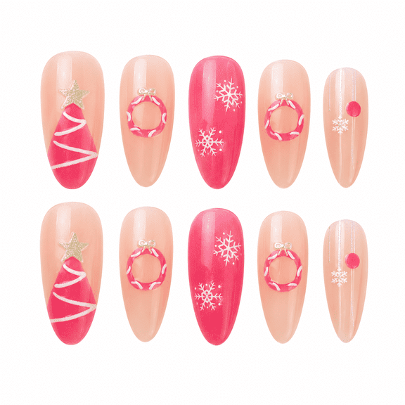 Nude Pink Holiday Tree Press on Nails, Medium Almond Glossy Cat Eye False Nails, 24 Count