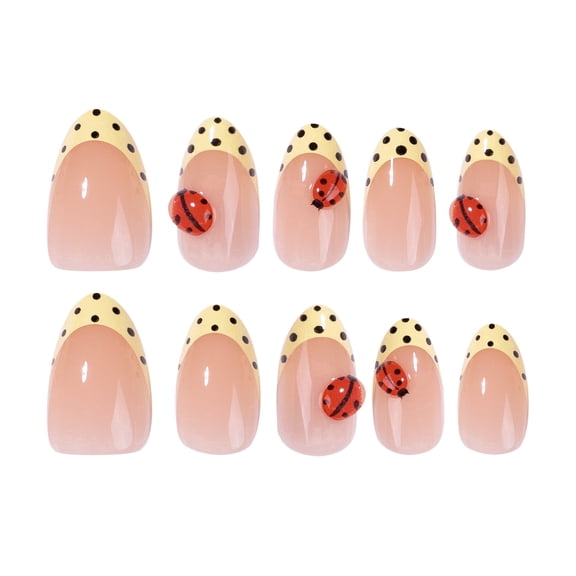 Nude Pink Ladybug Polka Dot Press on Nails Short Square Fake Nails with 3D Glossy Finish Nude Pink Full Cover Adhesive Press Ons Nail Art Tips Chic Acrylic False Nails for Women Girls 24 Pcs