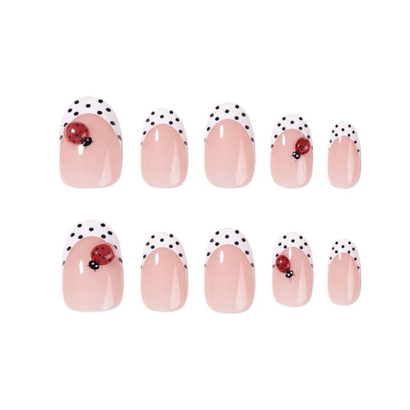 Nude Pink Ladybug Press on Nails, Short Squoval White French Tip Glossy Fake Nails, 24 Count