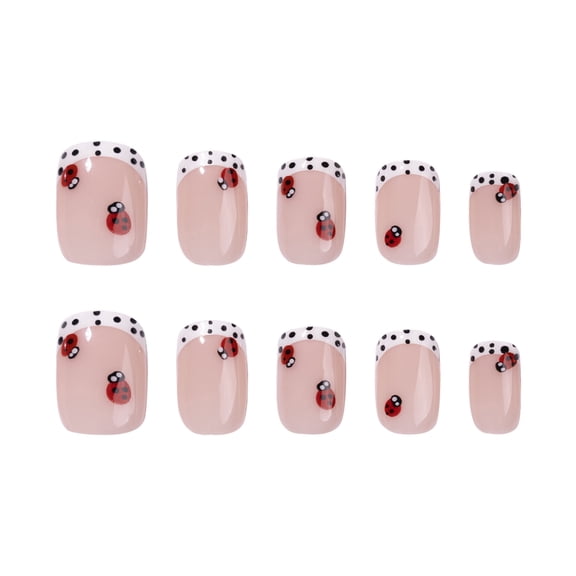 Nude Pink Ladybug Press on Nails, Short Squoval White French Tip Glossy False Nails, 24 Count