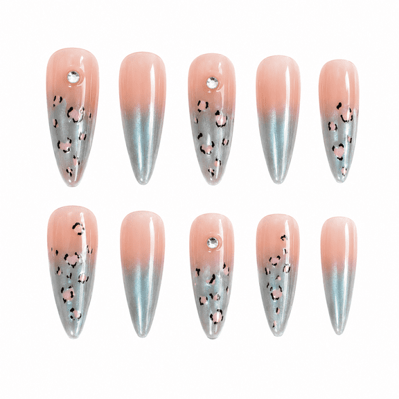 Nude Pink Leopard Press on Nails, Long Stiletto Cat Eye French Tip Fake Nails, 30 Count