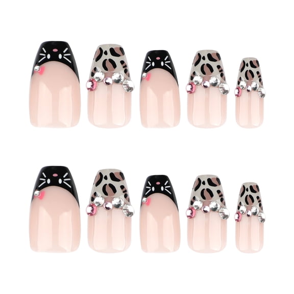 Nude Pink Leopard Print Cat Face French Tip Press on Nails, Medium Length Squoval Shape Glossy False Nails with Rhinestone Accents, 24 Count