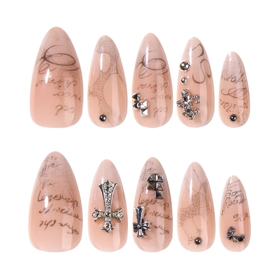 Nude Pink Long Stiletto Press on Nails, Abstract Glossy Fake Nails with Rhinestone Accents, 24 Count