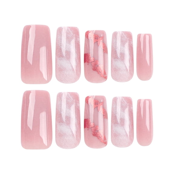 Nude Pink Marble with Rose Gold Foil Accent Press on Nails, Medium Coffin Glossy False Nails, 24 Count