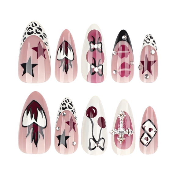 Nude Pink Mixed Design Press on Nails, Medium Almond Glossy False Nails with Star, Leopard Print, Cherry & Bow Patterns, 24 Count