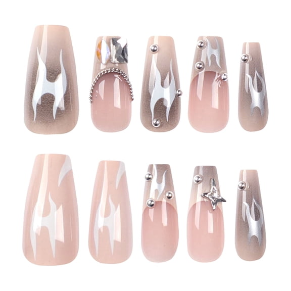 Nude Pink Ombre Flame Pattern Press on Nails, Medium Coffin Glossy False Nails with Rhinestone & Metal Bead Accents, 24 Count