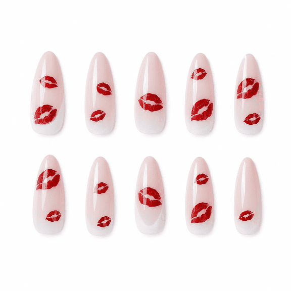 Nude Pink Red Lips Press on Nails, Long Almond Glossy False Nails with French Tip, 24 Count
