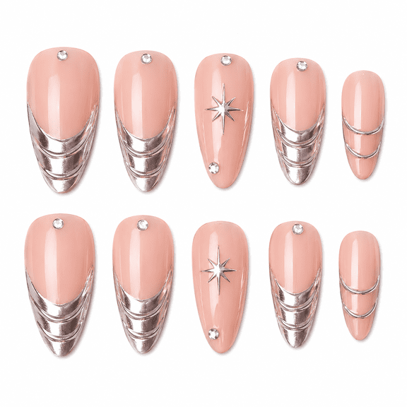 Nude Pink Silver French Tip Press on Nails, Medium Almond Glossy Fake Nails with Star Accent, 24 Count