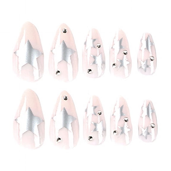 Nude Pink Silver Star Rhinestone Press on Nails, Medium Almond Glossy False Nails, 24 Count