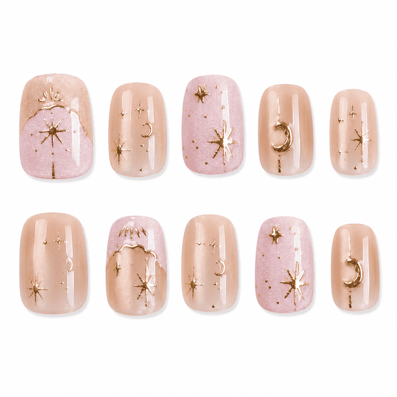 Nude Pink Star Moon Press on Nails, Short Squoval Cat Eye Glossy False Nails, 30 Count