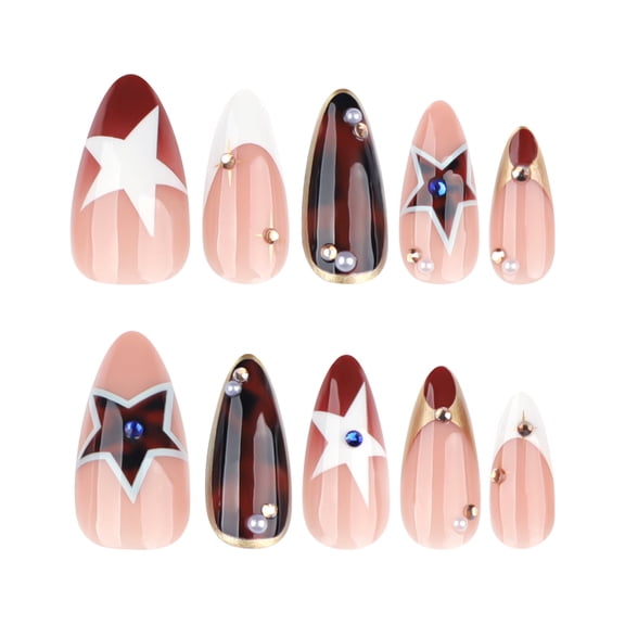 Nude Pink Star Pattern Press on Nails, Medium Pointed Almond Glossy False Nails with Tortoiseshell Accent, Rhinestone Pearl Gold Detail, 24 Count