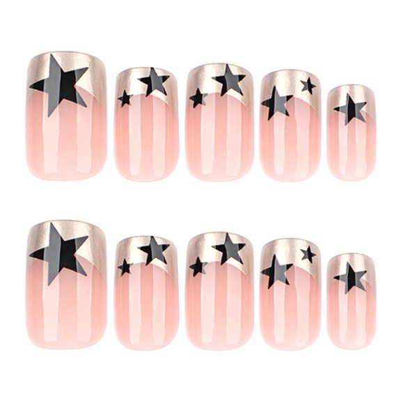 Nude Pink Star Pattern Press on Nails, Short Square Glossy False Nails with Gold Tip Line, Multiple Sizes, 24 Count