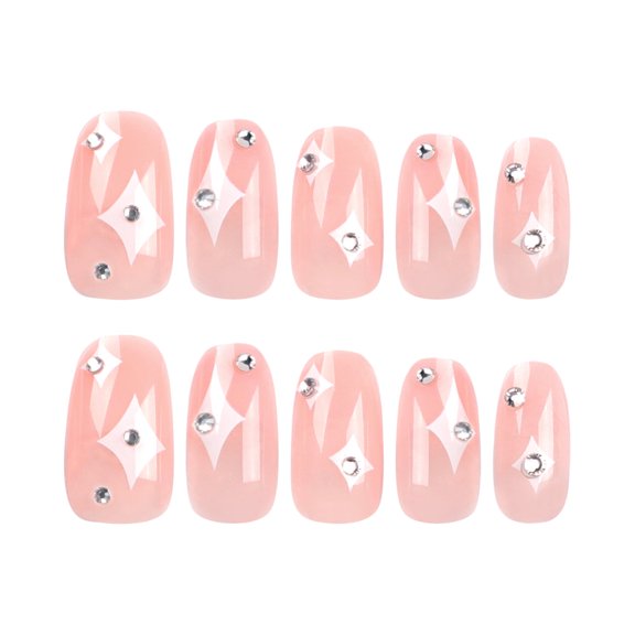Nude Pink Star Pattern Rhinestone Accent Press on Nails, Short Squoval Glossy Finish False Nails, 24 Count