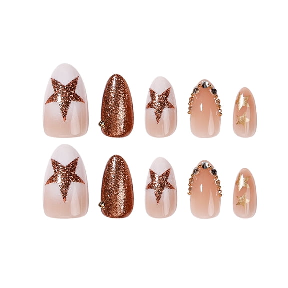 Nude Pink Star Pattern Rhinestone Glitter Press on Nails, Medium Almond Glossy Glitter Finish False Nails, 24 Count