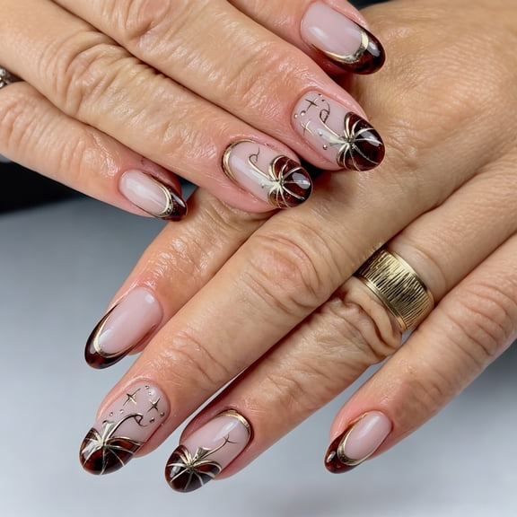 Nude Pink Tortoise Shell Press on Nails Medium Almond Fake Nails with Gold Spider Star Moon French Tip Full Cover Adhesive Press Ons Glossy Acrylic False Nails Nail Tips DIY Manicure 10 Pcs