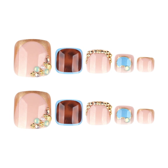 Nude Pink Tortoiseshell Pattern Press on Nails, Short Square Glossy False Nails with Gold Rim and Rhinestone Accents, 24 Count